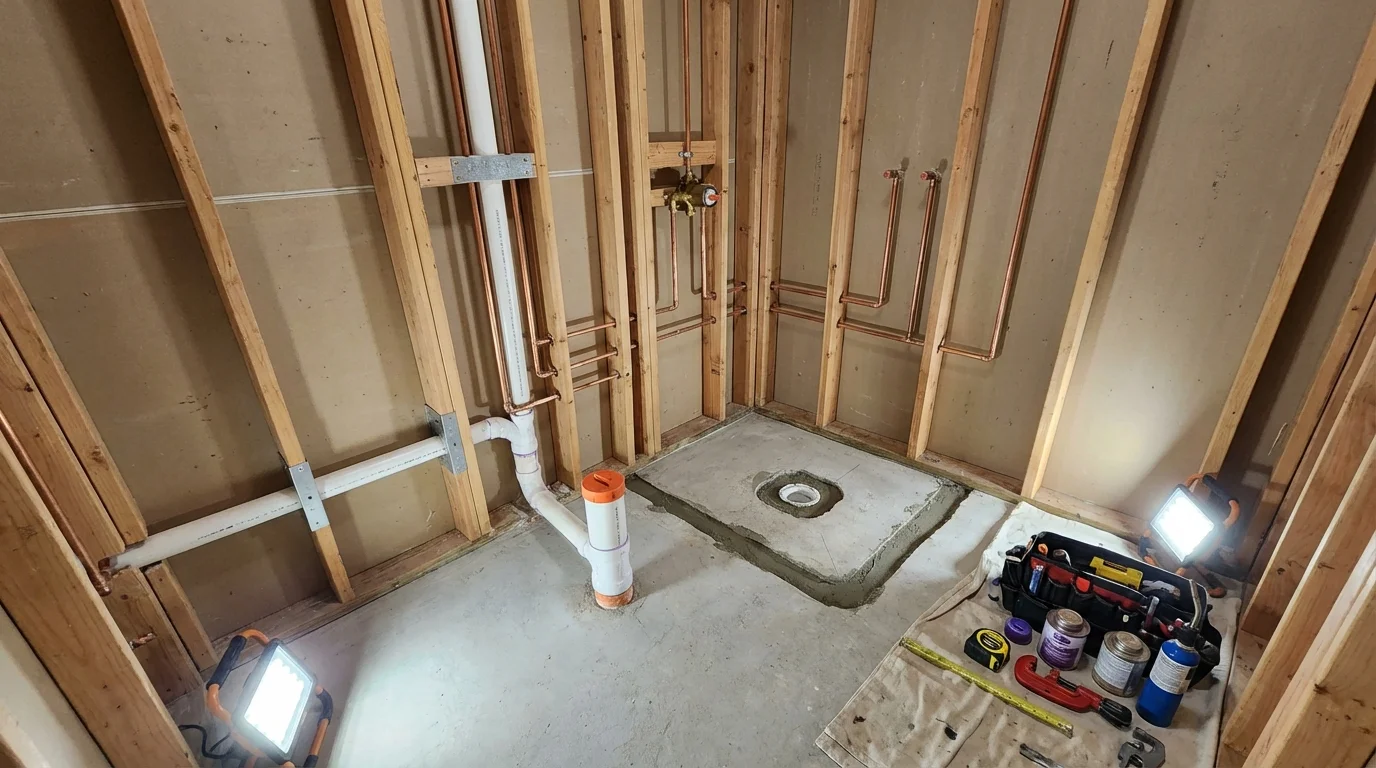 Bathroom rough-in plumbing during remodel by Johns Plumbing LLC in Sebewaing