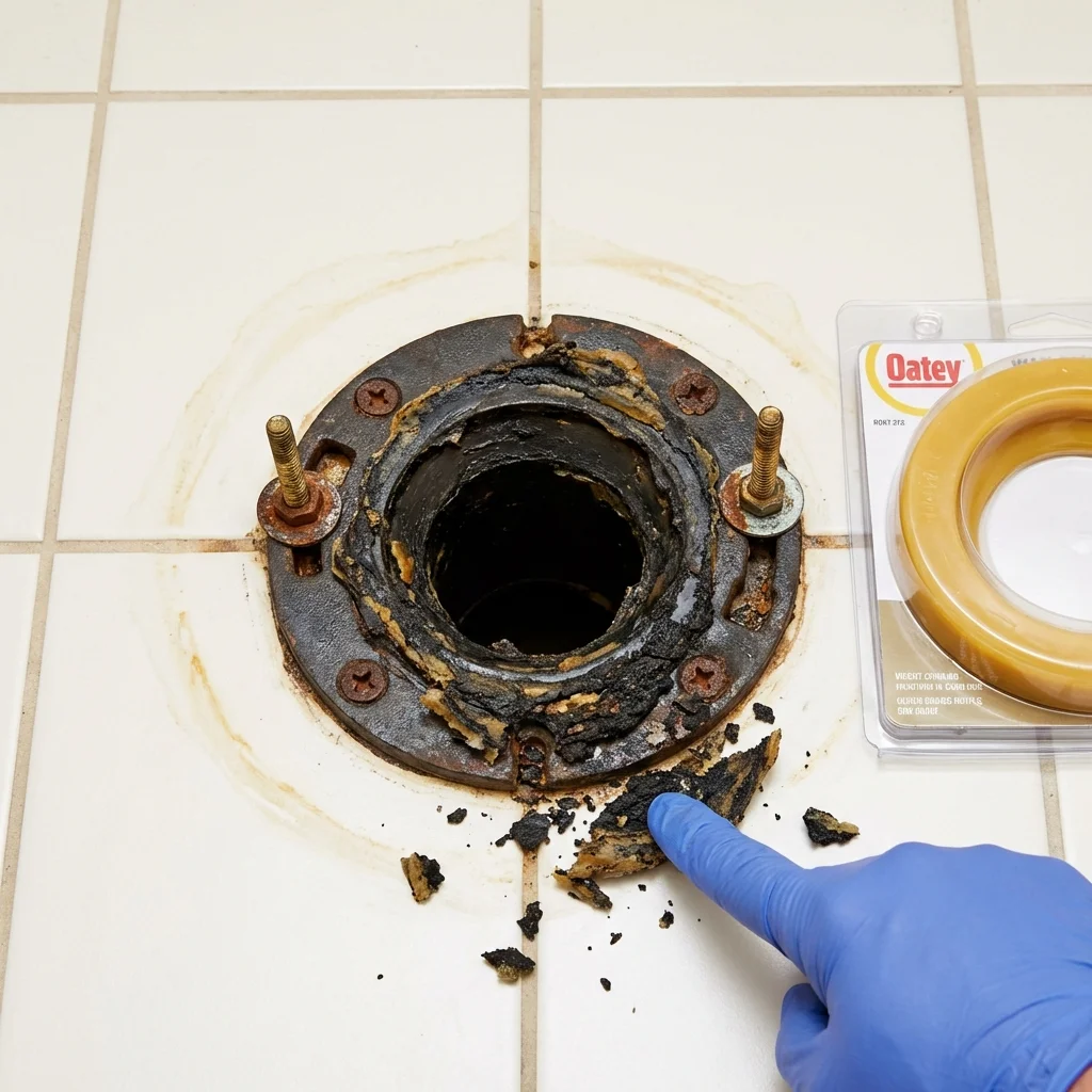 Failed wax ring showing water seepage at the base of a toilet in a Sebewaing, MI home