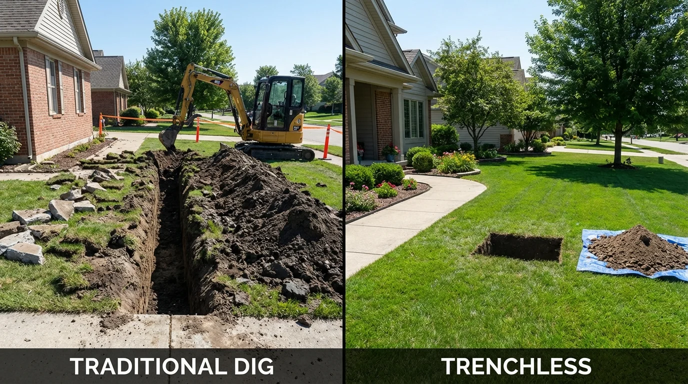 Trenchless sewer repair with minimal yard damage versus traditional excavation in Sebewaing, MI