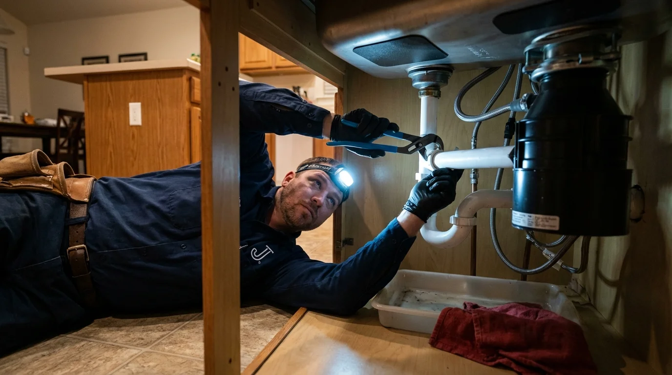 P-trap and supply line connections under a kitchen sink showing a common leak point in Sebewaing, MI
